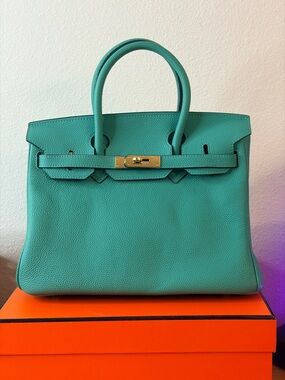 Teal Leather Top-Handle Tote 30 H Birkin Vert Verone Togo GHW stamped aqua